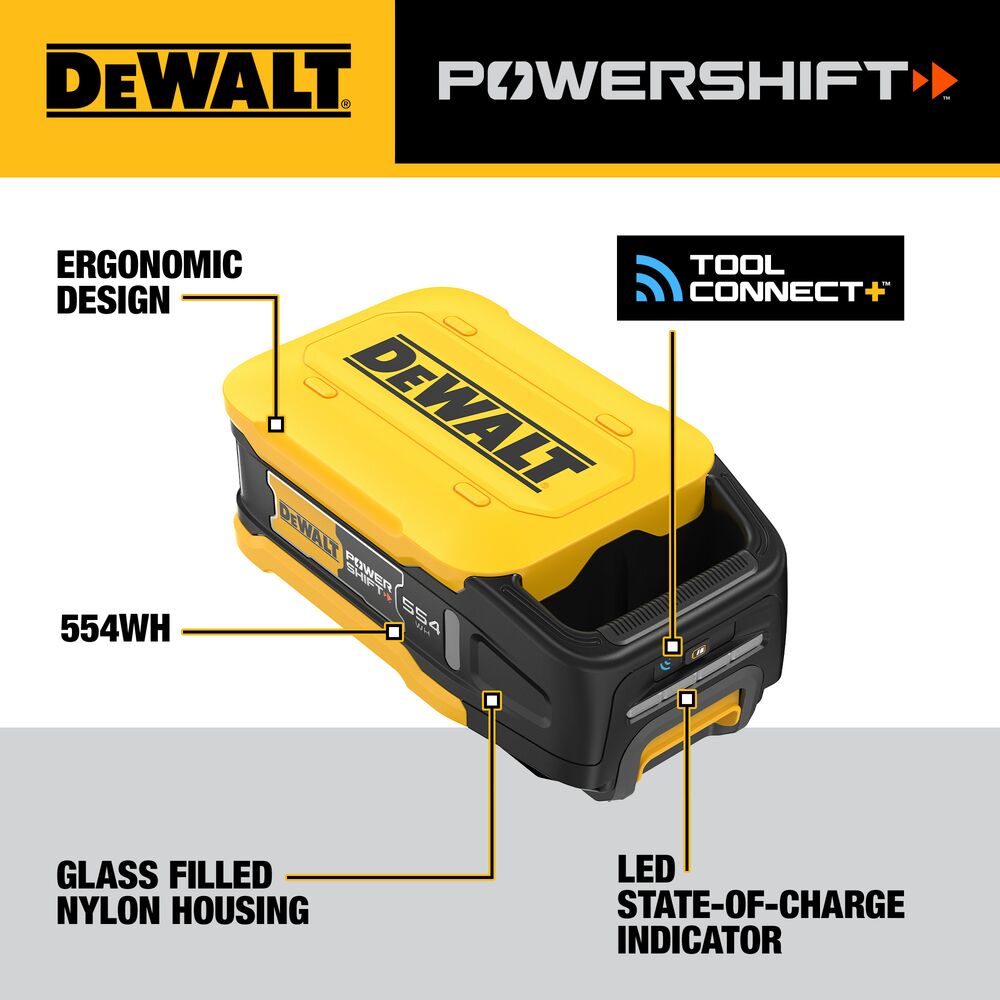 DEWALT DCBPS0554 POWERSHIFT 554Wh Battery product image showing ergonomic design, 554Wh label, glass filled nylon housing, LED state of charge indicator, and Tool Connect branding