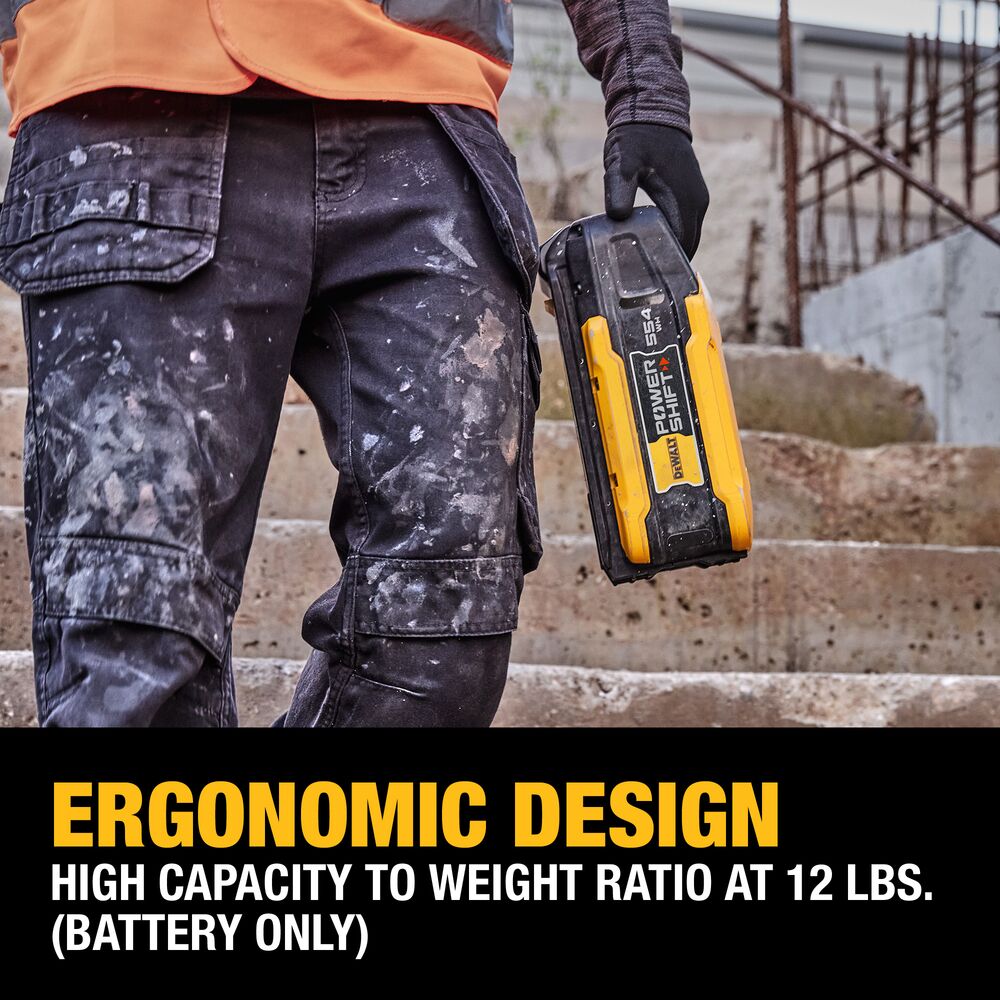 DEWALT DCBPS0554 POWERSHIFT 554Wh Battery carried by worker on jobsite showing ergonomic design and portable form factor with text “high capacity to weight ratio at 12 lbs (battery only)”