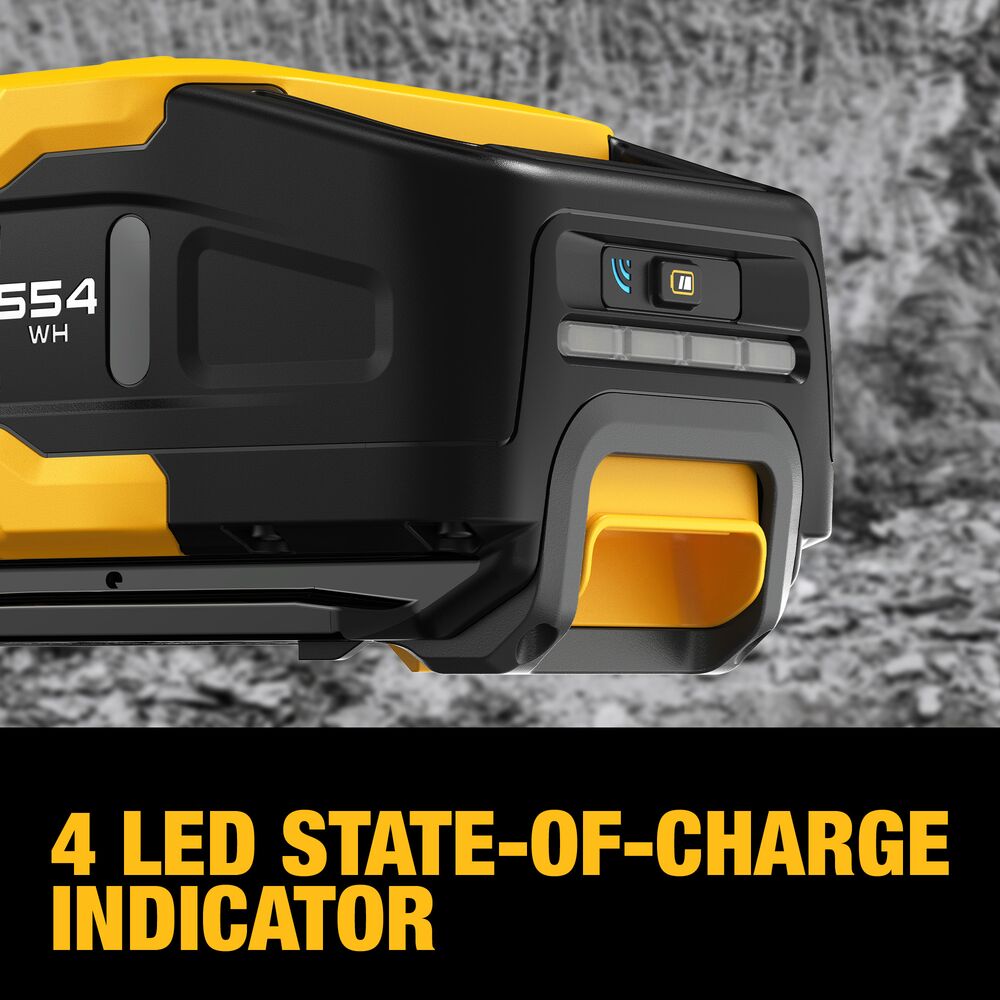 DEWALT DCBPS0554 POWERSHIFT 554Wh Battery close-up product image showing 4 LED state-of-charge indicator, Tool Connect icon, and integrated handle detail