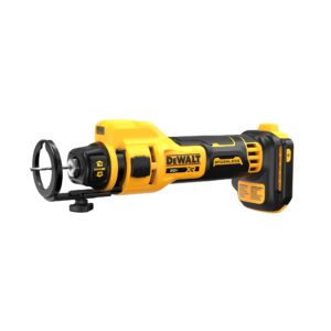 DEWALT DCE555B XR drywall cut-out tool side view showing depth guide, collet, and compact brushless body