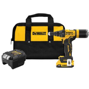 DEWALT DCF403D1 Cordless Rivet Tool Kit 20V XR brushless rivet gun with battery, charger, and yellow DEWALT tool bag on white background, cordless rivet tool product image