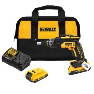 DEWALT DCF630D2 drywall screwgun kit with 20V XR brushless screwgun, charger, battery, and tool bag front view cordless drywall screwgun kit