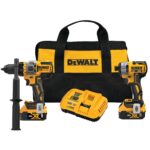DEWALT DCK2100P2 20V MAX brushless drill and impact combo kit with DCD999 hammer drill, DCF887 impact driver, two 5.0Ah batteries, fast charger, and soft tool bag, front view studio image