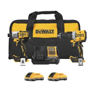 DEWALT DCK250QQ2 20V MAX XR hammer drill and impact driver combo kit product image with DCD806 hammer drill, DCF845 impact driver, charger, two POWERPACK 4Ah batteries, and contractor bag on white background cordless drill driver kit