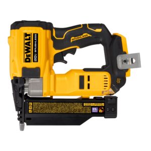 DEWALT DCN623B 20V MAX 23 gauge pin nailer cordless tool only, side profile on white background showing brushless motor housing, magazine with 23GA pin label, and belt clip