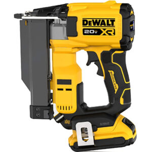 DEWALT DCN623D1 20V MAX XR 23 gauge pin nailer side view showing magazine, trigger handle, and belt hook on white background