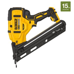 DEWALT DCN650B 20V MAX XR 15 gauge angled finish nailer, cordless finish nailer side profile with angled magazine, brushless motor housing and DEWALT branding visible, on-image text reads “15 GA angled nail”