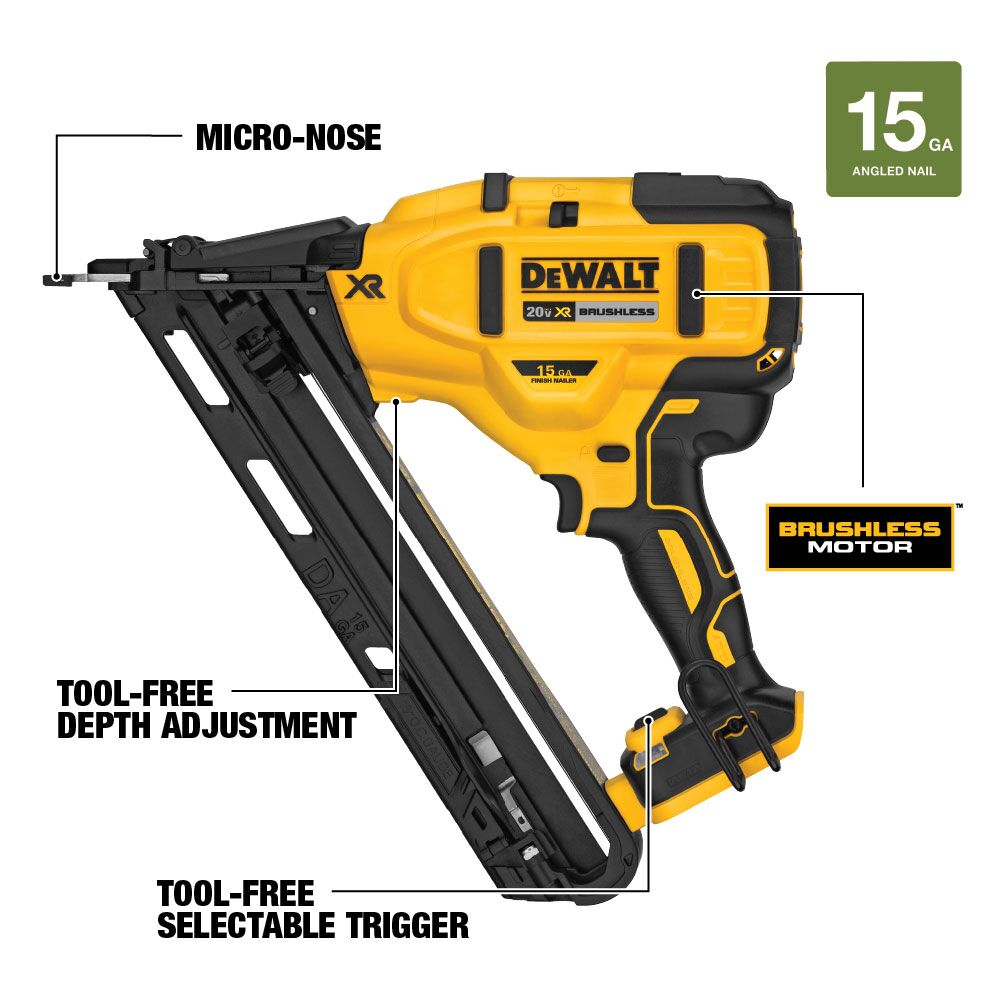 DEWALT DCN650B 20V MAX XR 15 gauge angled finish nailer annotated features image, cordless finish nailer with labeled components including “micro-nose,” “tool-free depth adjustment,” “tool-free selectable trigger,” and “brushless motor,” on-image text reads “15 GA angled nail”