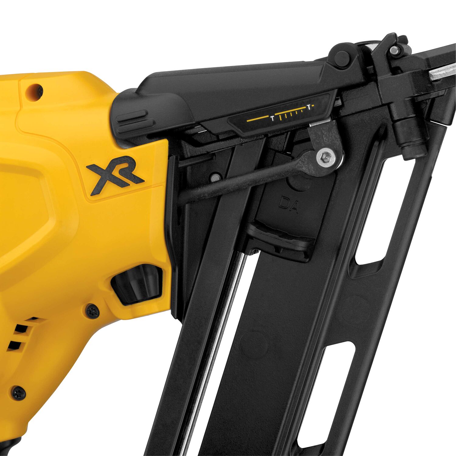 DEWALT DCN650B 20V MAX XR 15 gauge angled finish nailer depth adjustment detail, close-up of tool-free depth adjustment dial on angled magazine, XR branding visible on housing