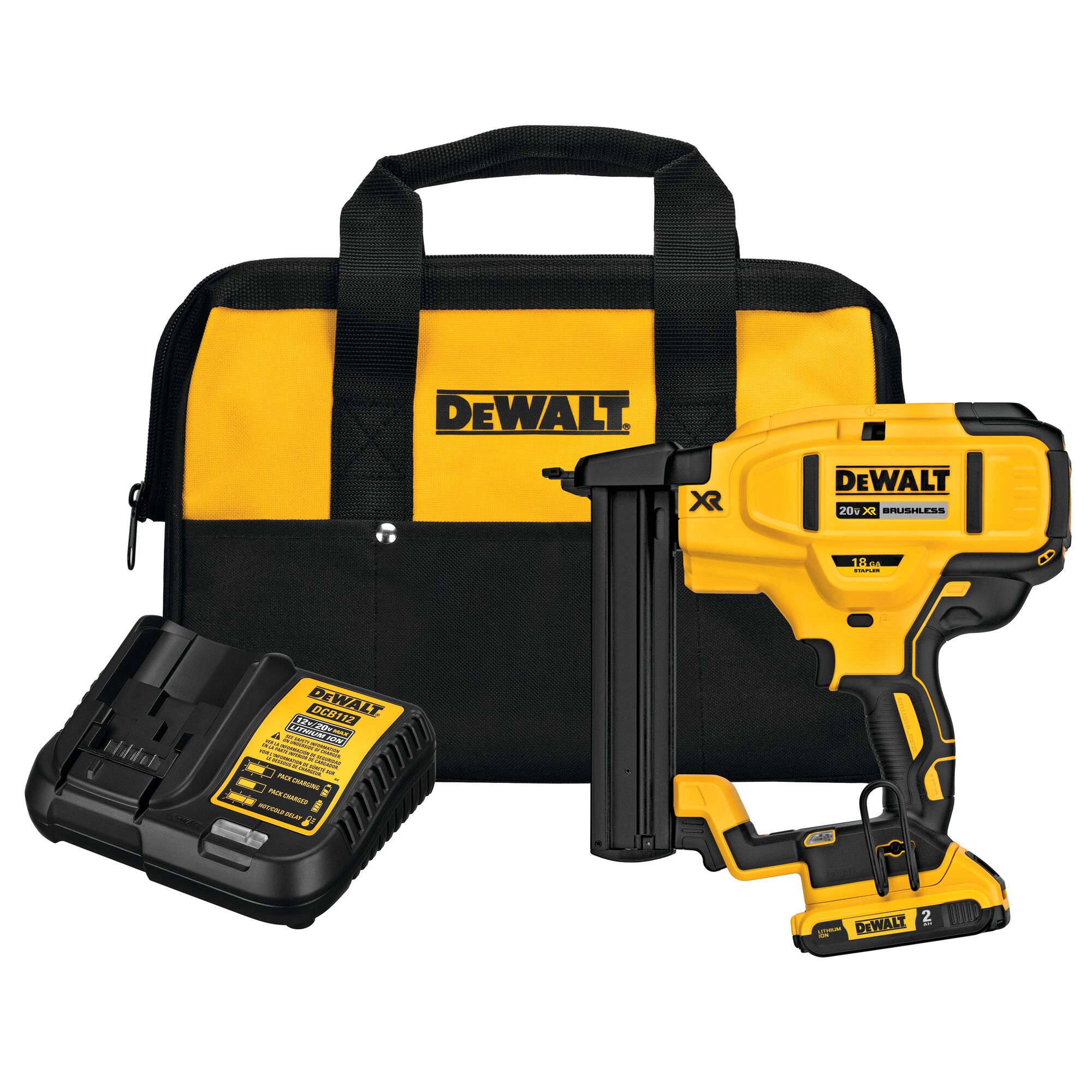 DEWALT DCN681D1 20V MAX XR 18GA narrow crown stapler kit front view with stapler, 2.0Ah battery installed, charger, and DEWALT tool bag, cordless finish stapler product image
