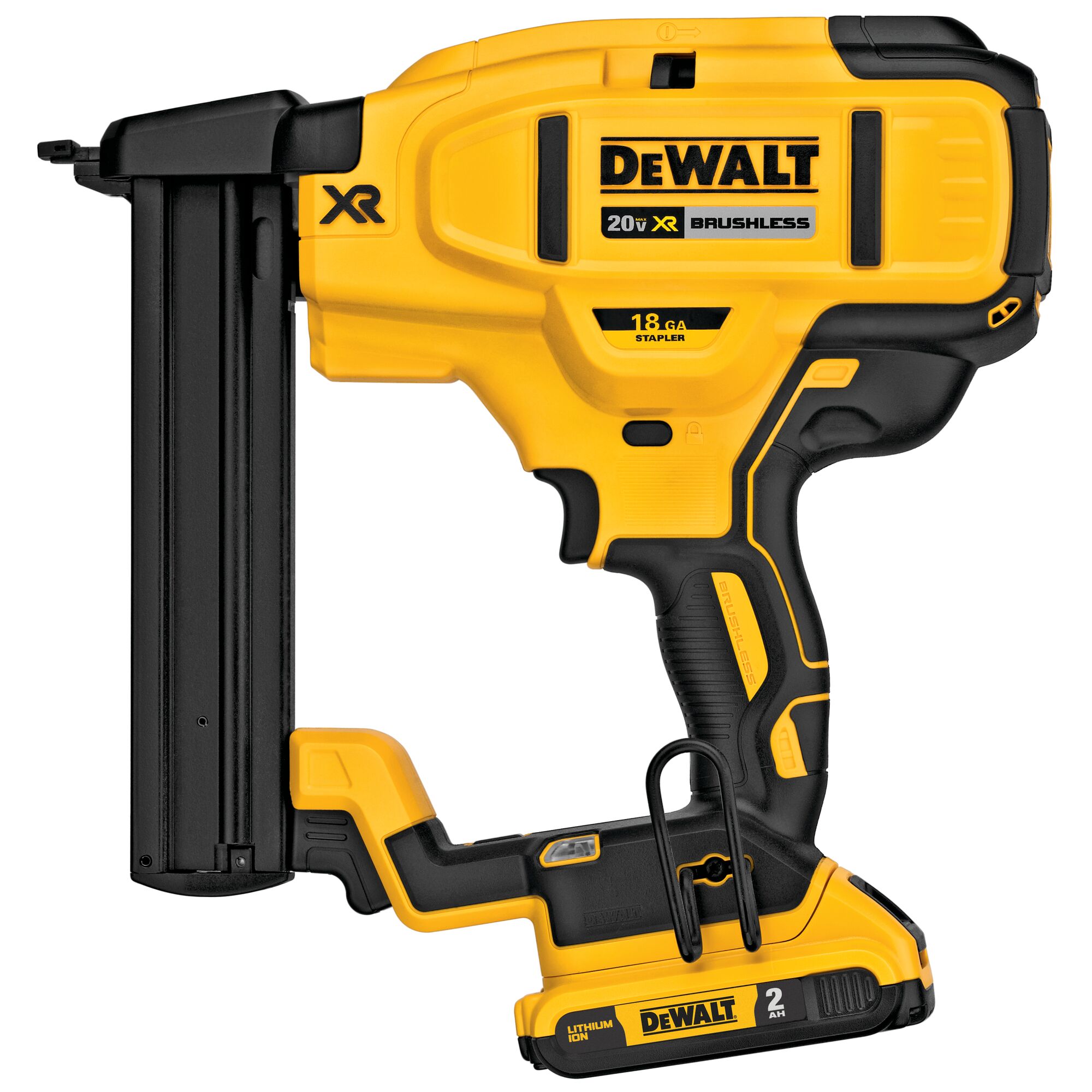 DEWALT DCN681D1 20V MAX XR 18GA narrow crown stapler side profile view with battery installed, showing magazine, belt hook, and brushless motor housing, cordless stapler product image