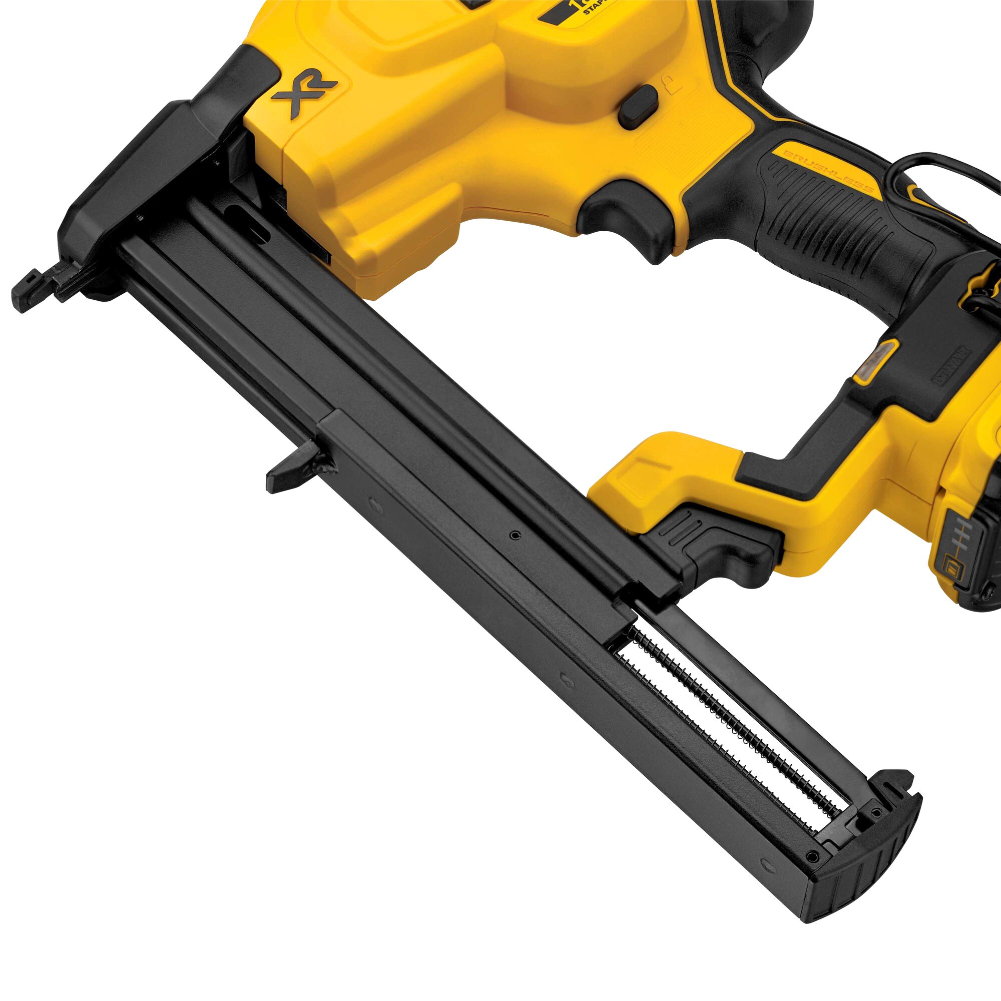 DEWALT DCN681D1 20V MAX XR 18GA narrow crown stapler close-up of bottom-load magazine, showing staple track and loading mechanism, black metal magazine detail with yellow tool housing