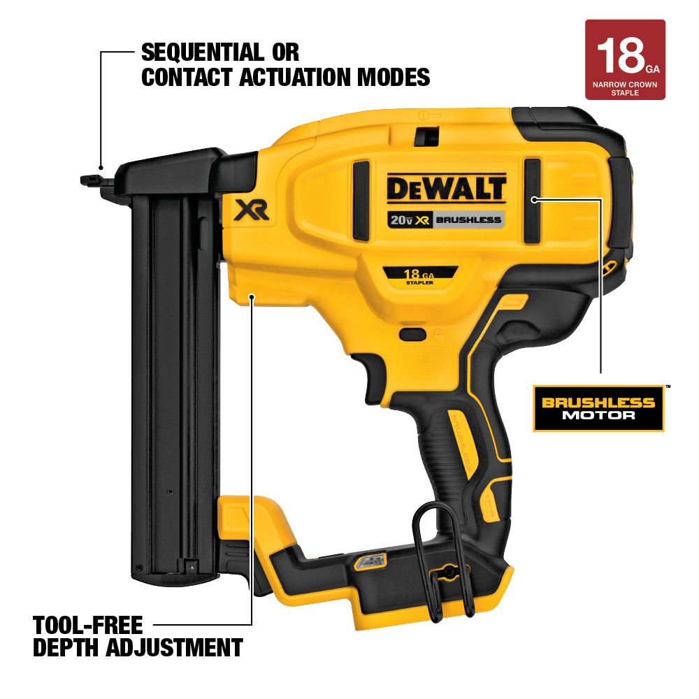 DEWALT DCN681D1 20V MAX XR 18GA narrow crown stapler feature callout image showing sequential or contact actuation modes, tool-free depth adjustment, brushless motor, and 18GA narrow crown staple label on yellow cordless stapler