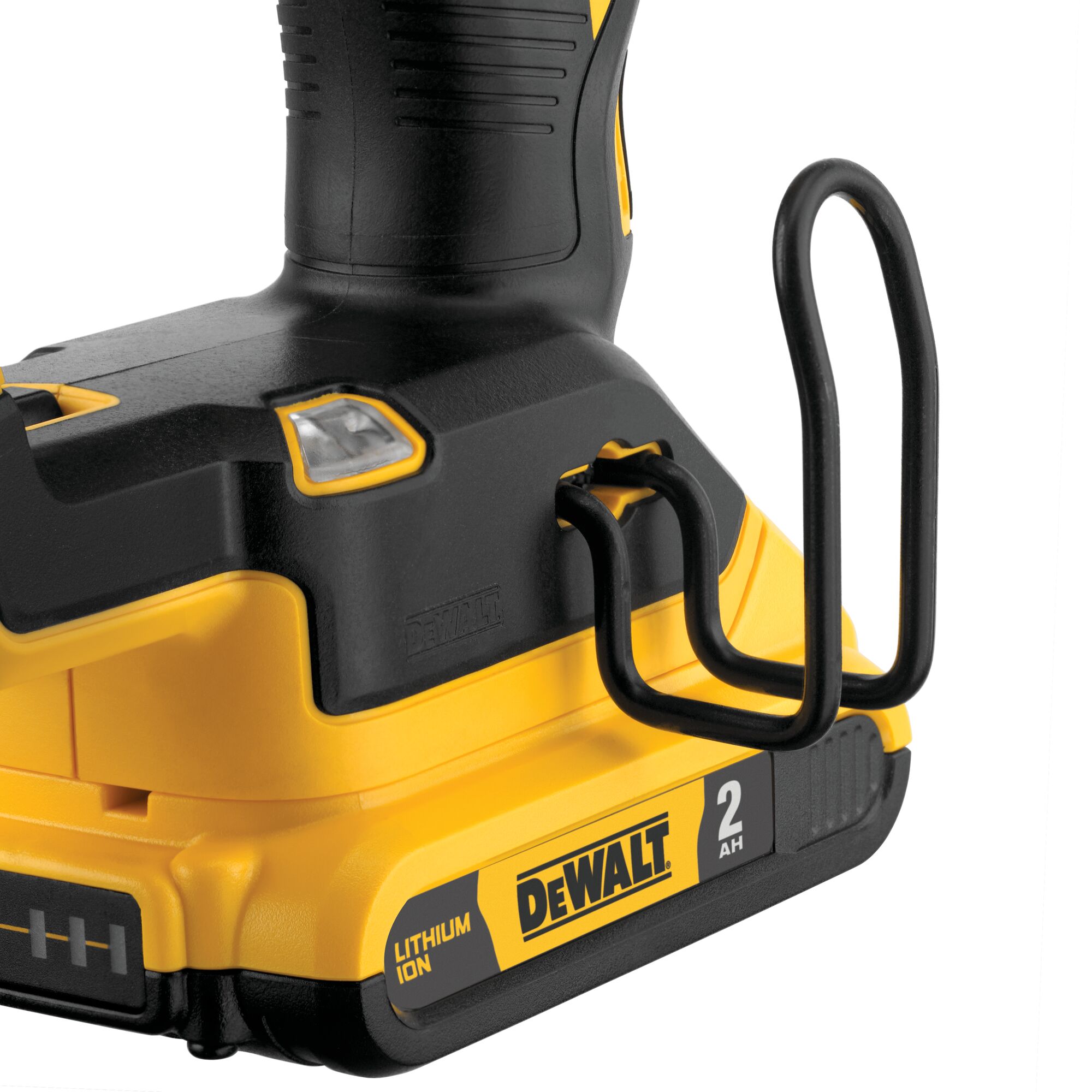 DEWALT DCN681D1 20V MAX XR 18GA narrow crown stapler close-up of base showing 2.0Ah lithium-ion battery, LED work light, and adjustable belt hook attachment point on cordless stapler