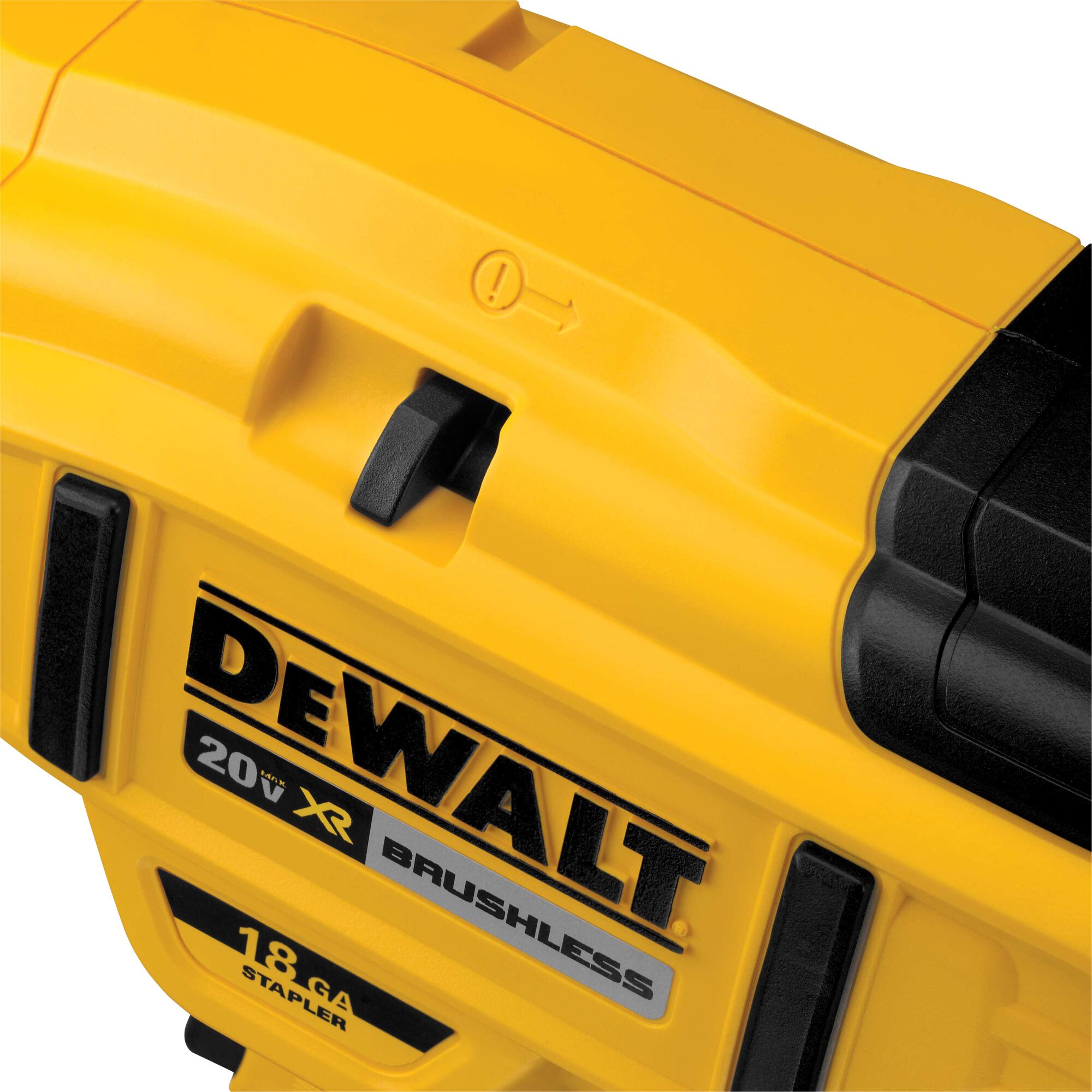 DEWALT DCN681D1 20V MAX XR 18GA narrow crown stapler close-up of top housing showing DEWALT branding, 20V XR brushless label, and stall release lever indicator on yellow cordless stapler