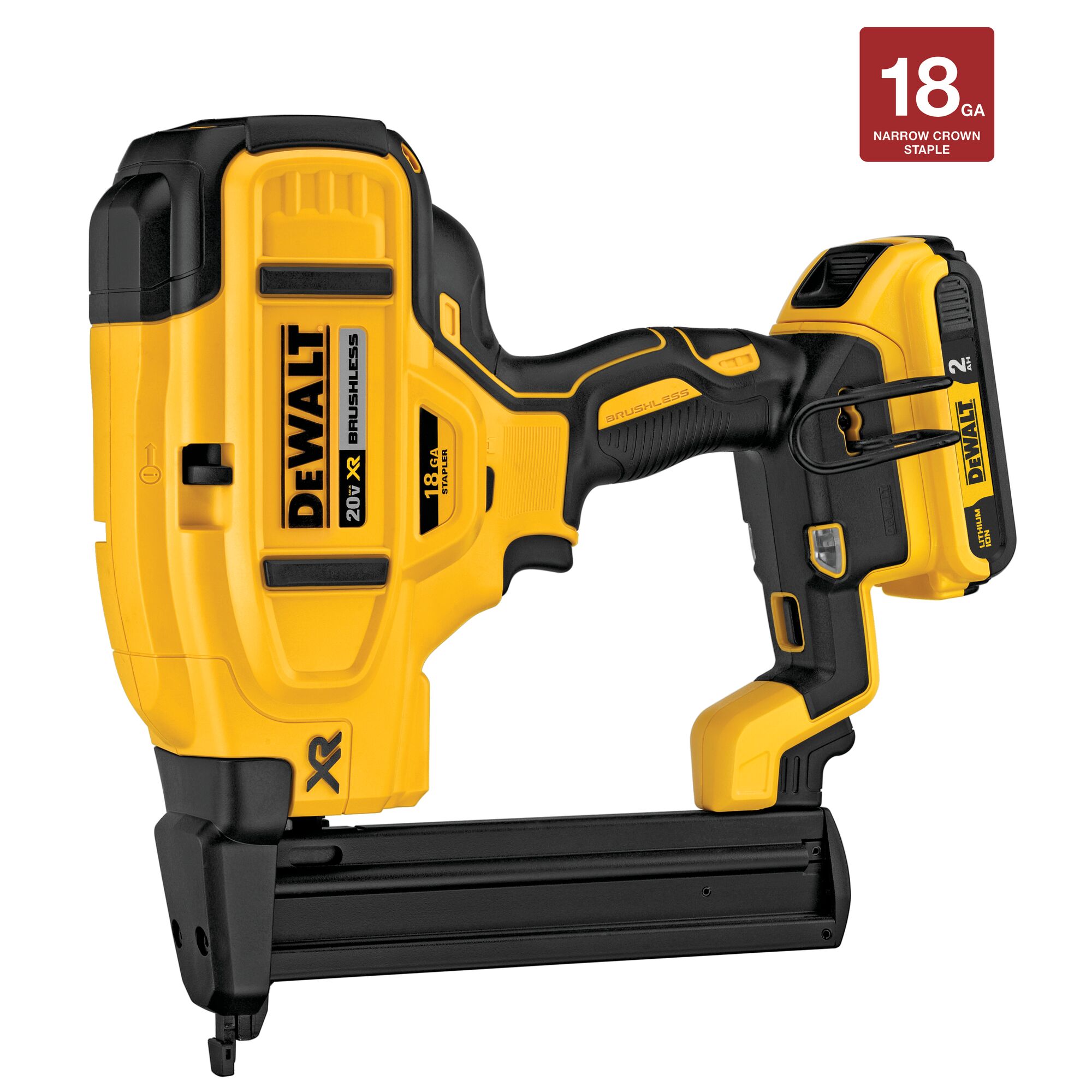 DEWALT DCN681D1 20V MAX XR 18GA narrow crown stapler left side profile view with battery installed, showing full tool layout, magazine, belt hook, and 18 GA narrow crown staple label in corner