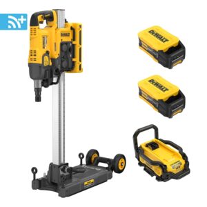 DEWALT DCPS150AG2 POWERSHIFT core drill stand kit product image showing mounted 60V MAX core drill on stand with two 554Wh batteries, charger unit, and wireless connectivity icon visible on white background