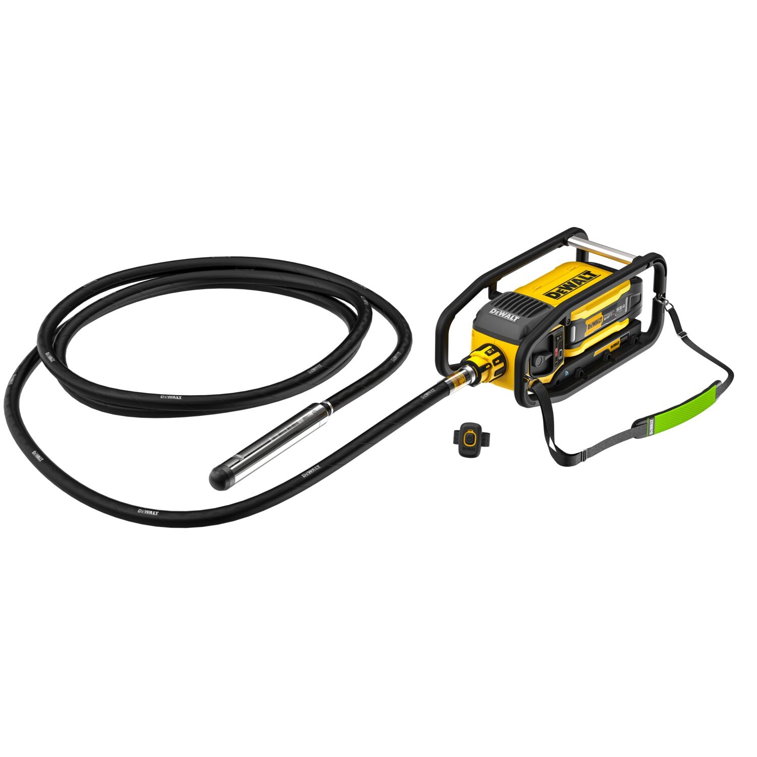 DEWALT DCPS320AG2 POWERSHIFT concrete vibrator kit with motor unit, flexible shaft and head attached, wireless remote, and shoulder strap isolated on white background