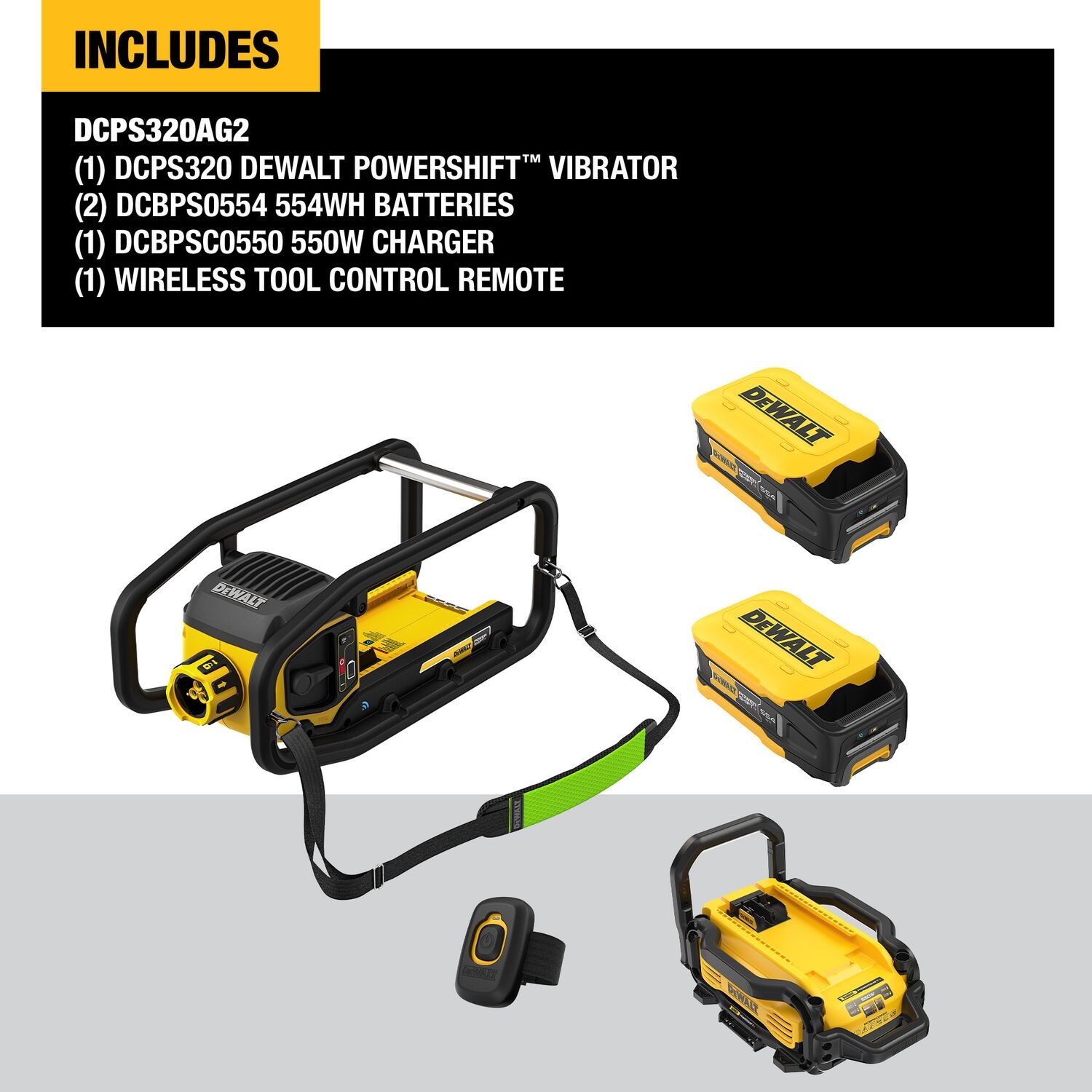 DEWALT DCPS320AG2 POWERSHIFT concrete vibrator kit contents image showing motor unit, two batteries, charger, and wireless remote with “includes” list text visible