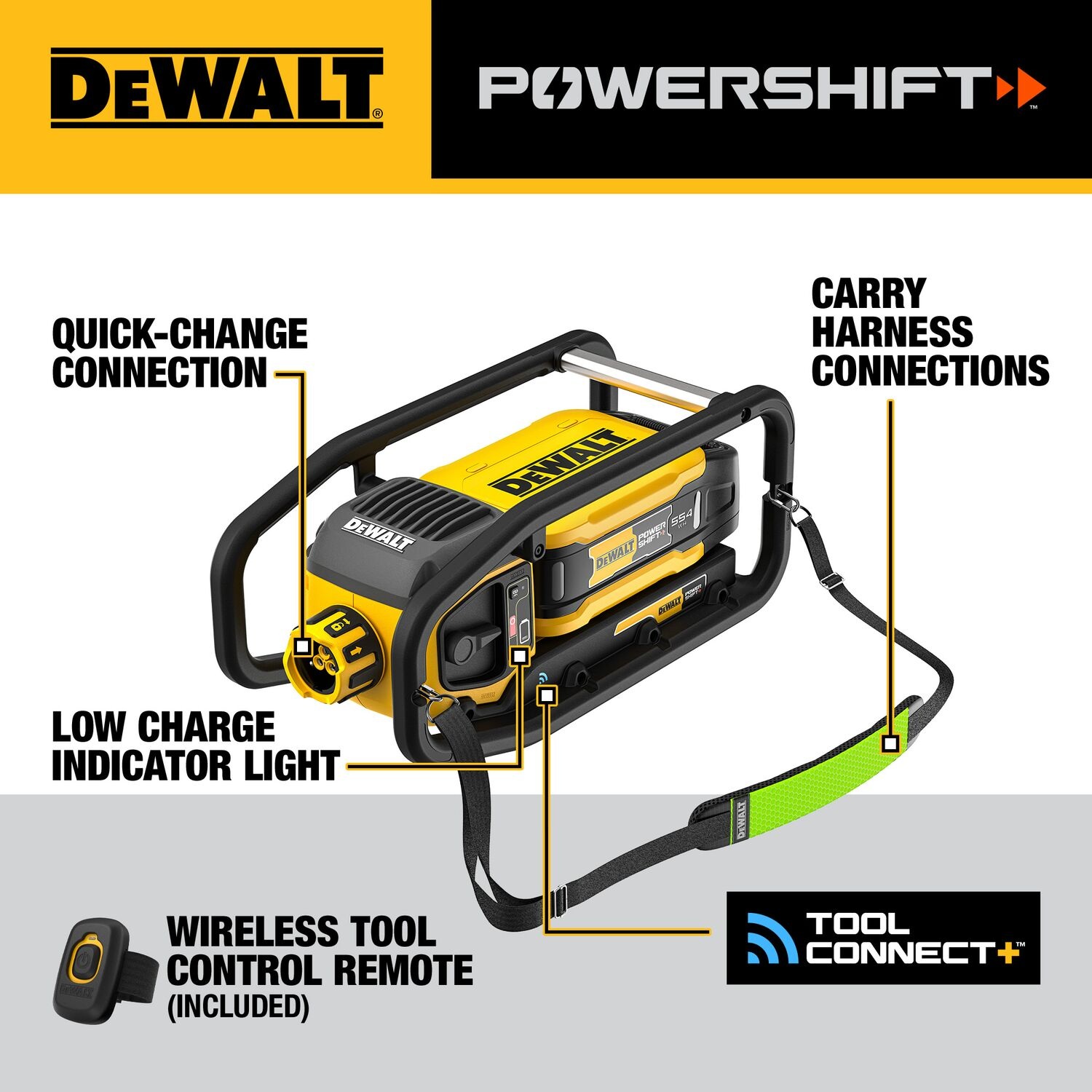 DEWALT DCPS320AG2 POWERSHIFT vibrator unit product image showing quick-change connection, low charge indicator light, carry harness connection points, and included wireless tool control remote with Tool Connect branding