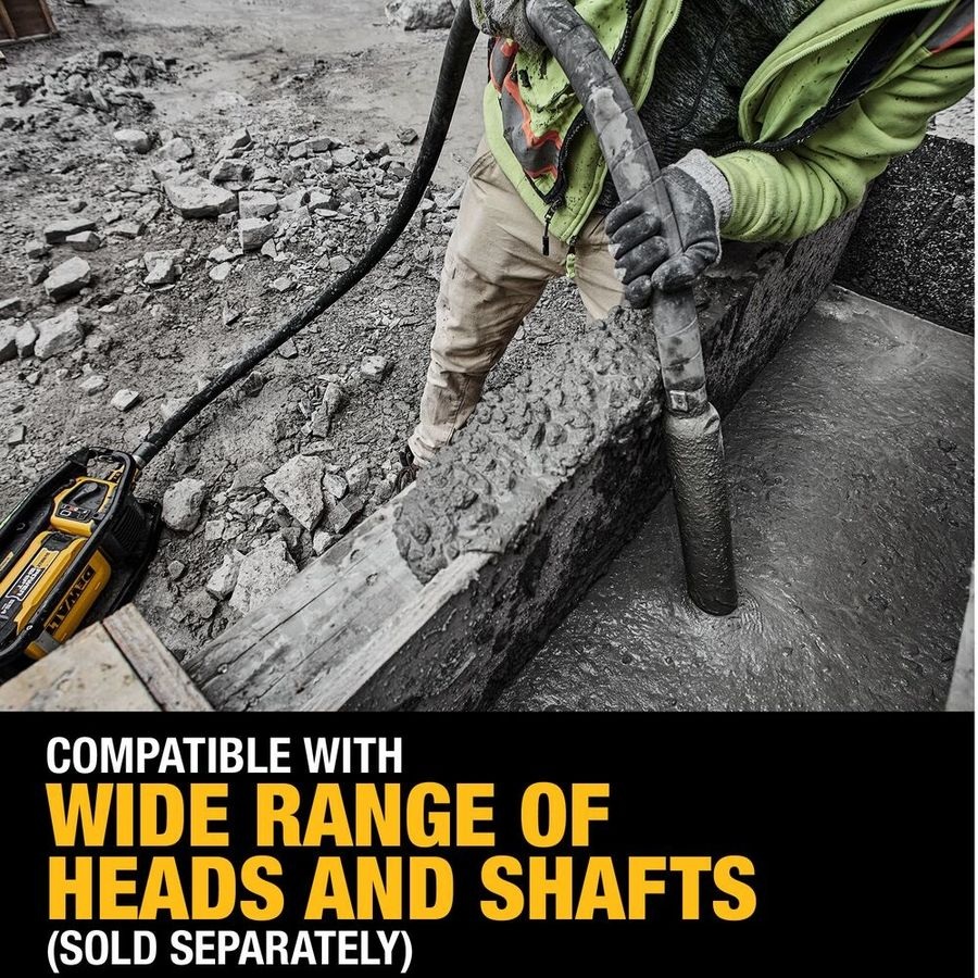DEWALT DCPS320AG2 POWERSHIFT concrete vibrator consolidating wet concrete in formwork with hose and vibrator head in use, unit positioned beside pour area and text “compatible with wide range of heads and shafts (sold separately)”