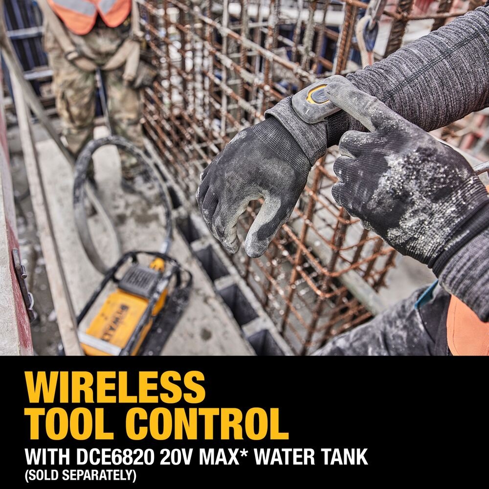 DEWALT DCPS320AG2 POWERSHIFT concrete vibrator jobsite use with worker activating wireless tool control remote on wrist, rebar formwork and vibrator unit visible, text “wireless tool control with DCE6820 20V MAX water tank (sold separately)”