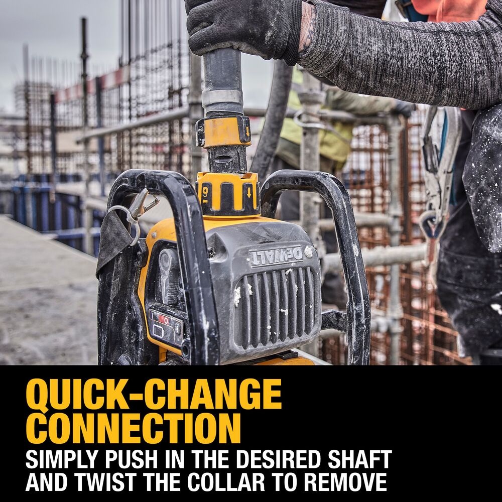 DEWALT DCPS320AG2 POWERSHIFT concrete vibrator quick-change connection in use, worker attaching shaft to vibrator unit with collar mechanism, rebar structure in background and text “quick-change connection simply push in the desired shaft and twist the collar to remove”