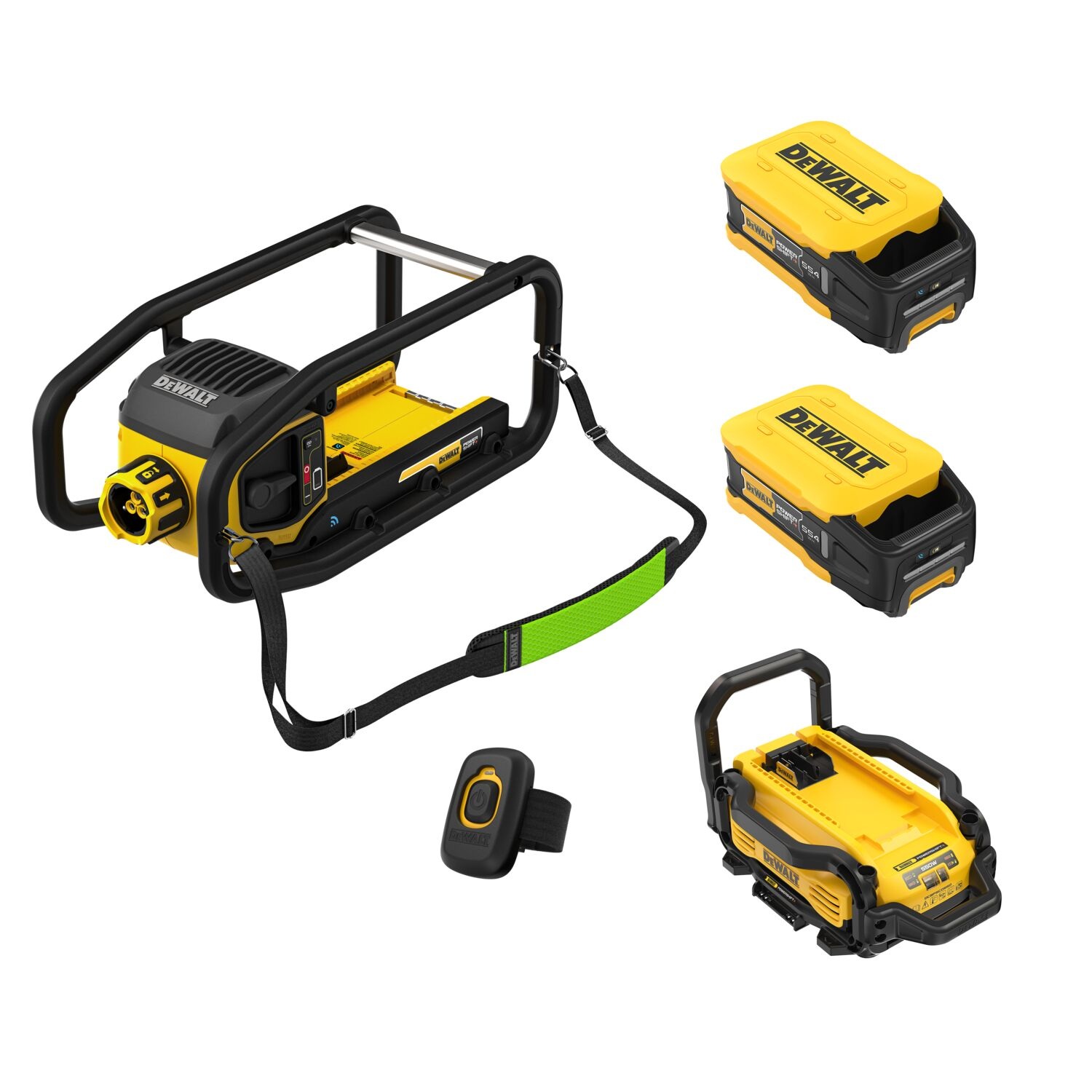 DEWALT DCPS320AG2 POWERSHIFT vibrator kit with roll cage motor unit, shoulder strap, wireless remote, charger, and two batteries isolated on white background cordless concrete vibrator product image