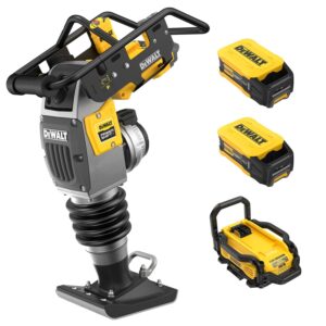 DEWALT DCPS660AG2 POWERSHIFT 60Kg rammer kit product image showing cordless rammer with handle frame, compaction foot, bellows section, two 554Wh batteries, and charger unit on white background