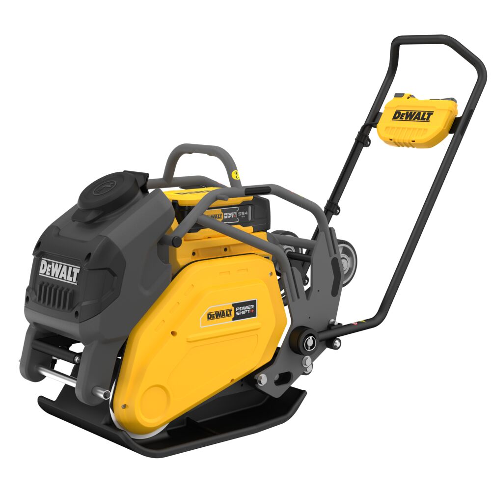 DEWALT forward plate compactor with foldable handle, integrated water tank, and POWER SHIFT battery mounted on frame isolated on white background