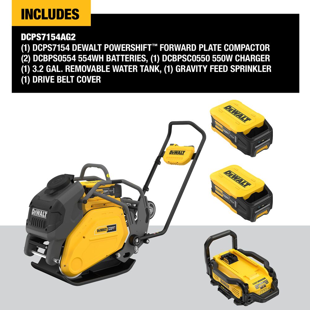 DEWALT forward plate compactor kit contents image showing compactor unit, two batteries, charger, water tank, sprinkler, and drive belt cover with on-image text listing included components