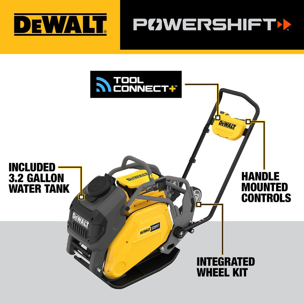 DEWALT forward plate compactor feature diagram showing 3.2 gallon water tank, handle-mounted controls, integrated wheel kit, and Tool Connect icon