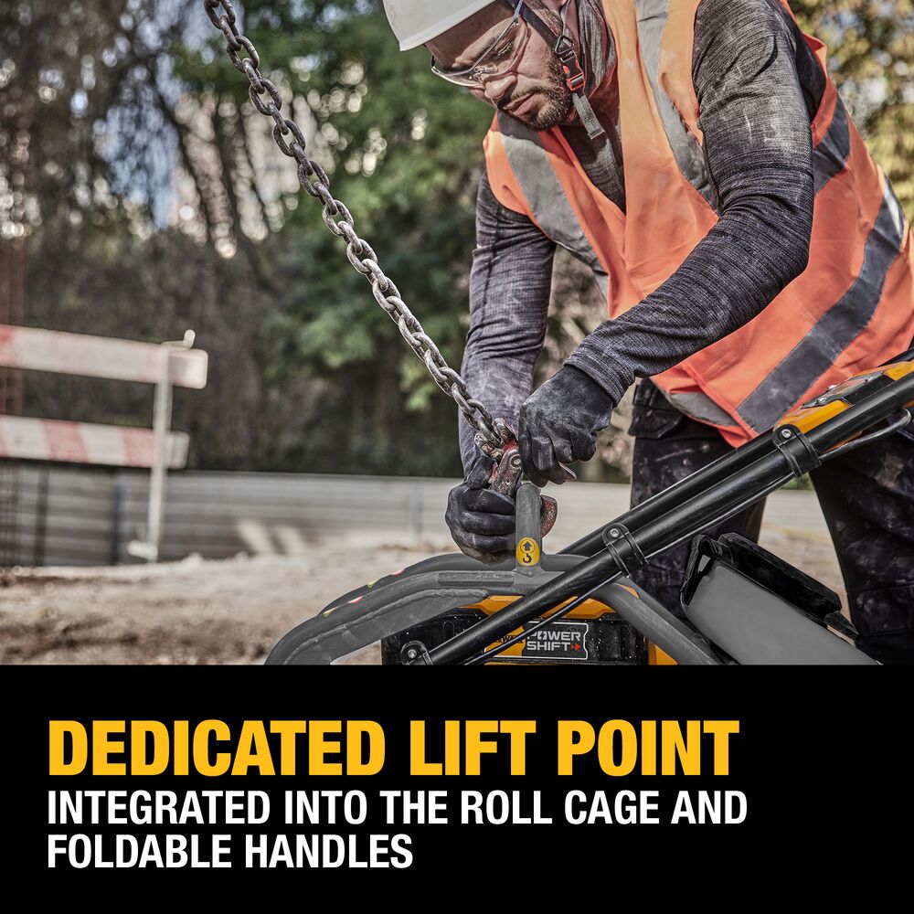 DEWALT POWERSHIFT forward plate compactor lift point close-up showing chain attached to integrated roll cage lifting eye with foldable handle visible