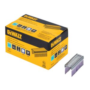 DEWALT DRS18100 1″ insulated cable staples 540 pack, product box with staple strip shown, visible 1 inch leg length, 3/4 inch insulated crown icons, UL Listed marking and DEWALT branding on yellow packaging