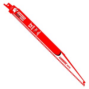 Diablo Demo Demon 12 inch carbide teeth reciprocating saw blade for nail-embedded wood showing 5/7 TPI tooth pattern and red carbide tipped demolition blade design