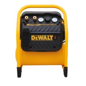 DEWALT DWFP55130 200 PSI quiet trim compressor front view product image, dual gauges and quick couplers visible, roll cage frame and 2.5 gallon tank on white background, portable air compressor product image