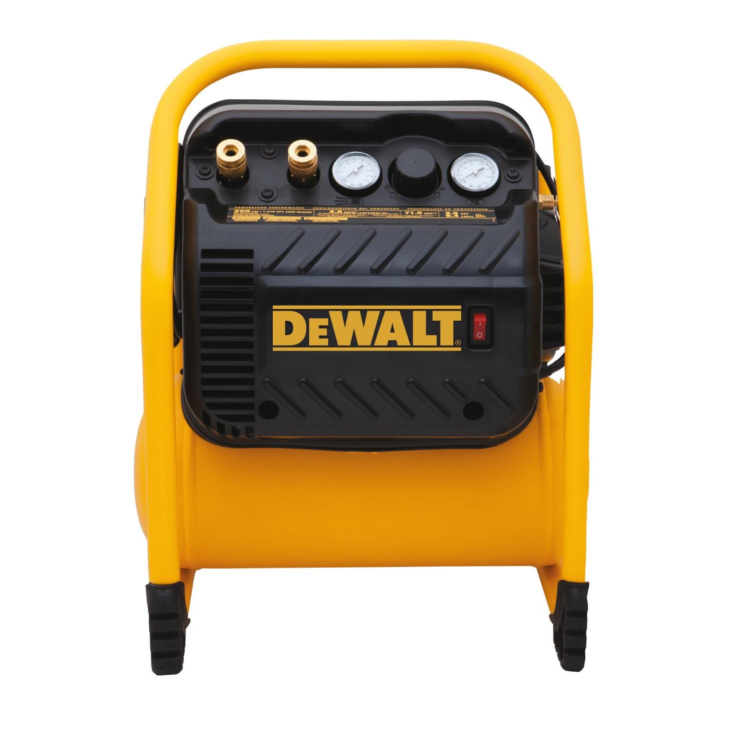 DEWALT DWFP55130 200 PSI quiet trim compressor front view product image, dual gauges and quick couplers visible, roll cage frame and 2.5 gallon tank on white background, portable air compressor product image
