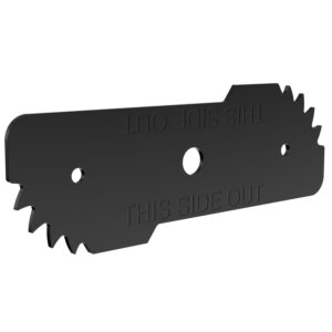 DEWALT DZO400 7-1/2 inch edger blade, hardened steel replacement blade with serrated cutting edge and mounting holes, angled product image showing THIS SIDE OUT stamped text, lawn edger blade product image