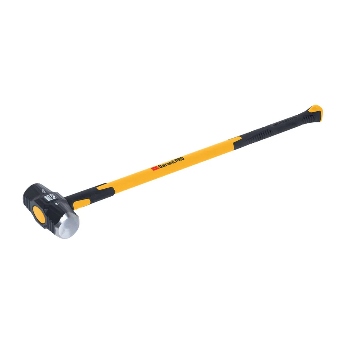 Garant Pro Series 10 lb sledge hammer with black double-face steel head labeled “PRO 10 lb,” yellow fiberglass handle with GarantPro logo, and black textured grip, angled side view on white background.