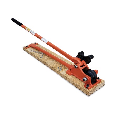 BN MBC-16B1 manual rebar bender cutter mounted on wood base showing long leverage handle, cutting jaws, and adjustable bending head for #5 rebar