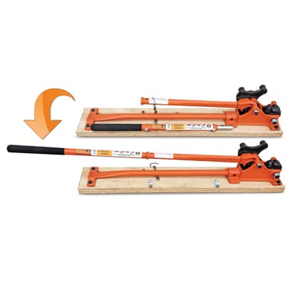 BN MBC-16B1 manual rebar bender cutter shown in open and folded positions on wood base with arrow indicating handle folding for transport and storage