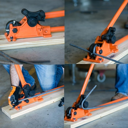 BN MBC-16B1 manual rebar bender cutter collage showing step-by-step cutting and bending process with rebar positioned, cut, and bent using lever handle on wood-mounted base