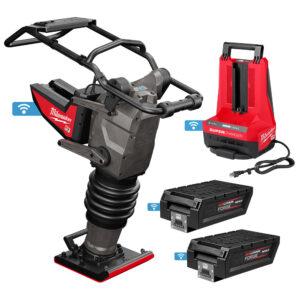 Milwaukee MXF270-2HD MX FUEL 70 kg Rammer kit product image, full rammer with handle and compaction foot, MX FUEL Super Charger, and two REDLITHIUM FORGE HD12.0 batteries displayed on white background