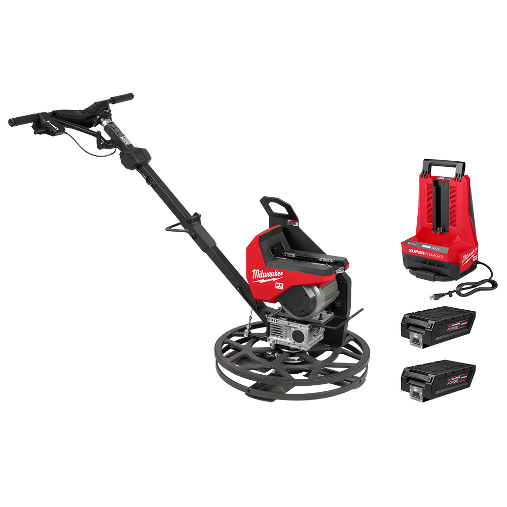 Milwaukee MXF324-2HD MX FUEL 24 inch walk behind edging trowel kit with handle and guard ring, includes two HD12.0 batteries and MX FUEL super charger, cordless concrete trowel product image