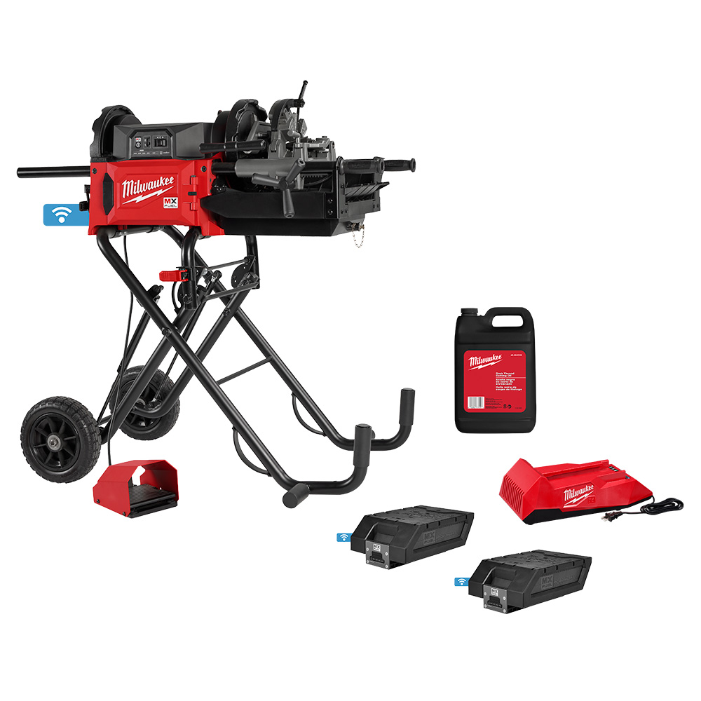 Milwaukee MXF512-2XC MX FUEL pipe threading machine kit with cart stand, two MXFUEL XC406 batteries, charger, foot pedal, and cutting oil, full system layout product image