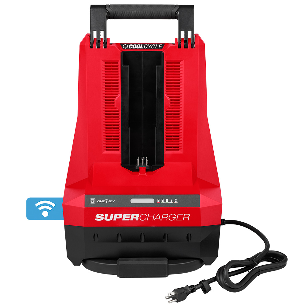 Milwaukee MXFSC MX FUEL super charger front view, single port charger with COOL-CYCLE vents and carry handle, ONE-KEY icon visible, power cord attached