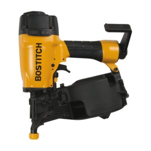 BOSTITCH N66C-1 coil siding and fencing nailer, left side profile product view, yellow body with BOSSTITCH branding, coil magazine and adjustable nose visible, pneumatic siding nailer product image