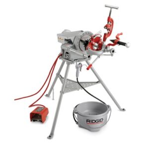 RIDGID Model 300 power drive threader setup with stand, die head, foot pedal, and oil bucket