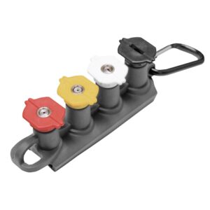 BE 35.210.034BEP pressure washer nozzle set front view showing red, yellow, white, and black quick-connect tips mounted on holder with clip on a white background pressure washer nozzle kit