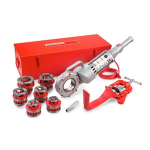 RIDGID Model 700 power drive threader kit with die heads, pipe cutter, support arm, and metal storage case